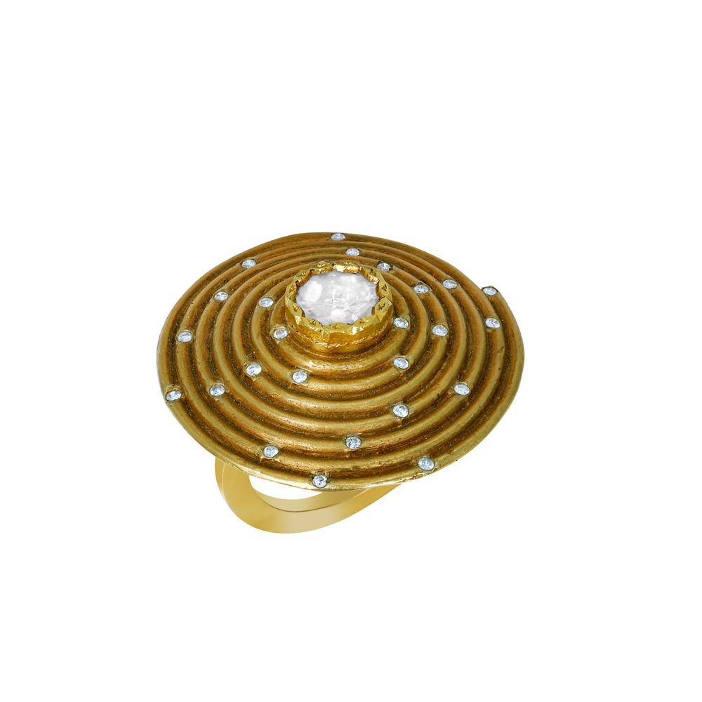 Gold Spiral Ring with Diamonds and Central Polki